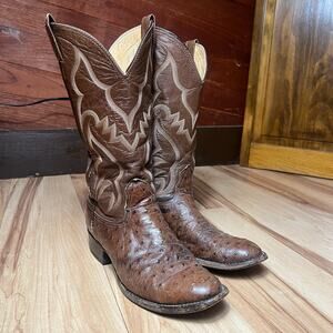 NOCONA Mens 8.5D Brown Leather Ostrich Cowboy Boots Full Quill Western Wear
